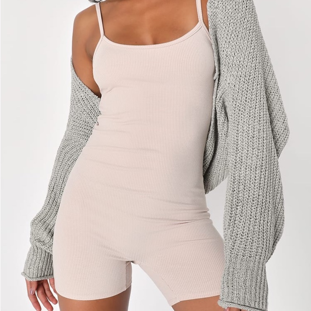 Super Base Beige Ribbed Knit Bodycon Lounge Romper